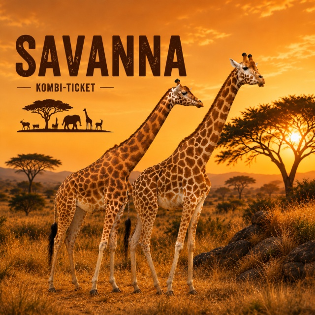 Zwei Giraffen stehen in einer goldenen Savannenlandschaft bei Sonnenuntergang. Im Hintergrund sind Akazienbäume und eine weite afrikanisch anmutende Landschaft zu sehen. Links oben befindet sich der Schriftzug „Savannen Ticket“ mit einer stilisierten Sava